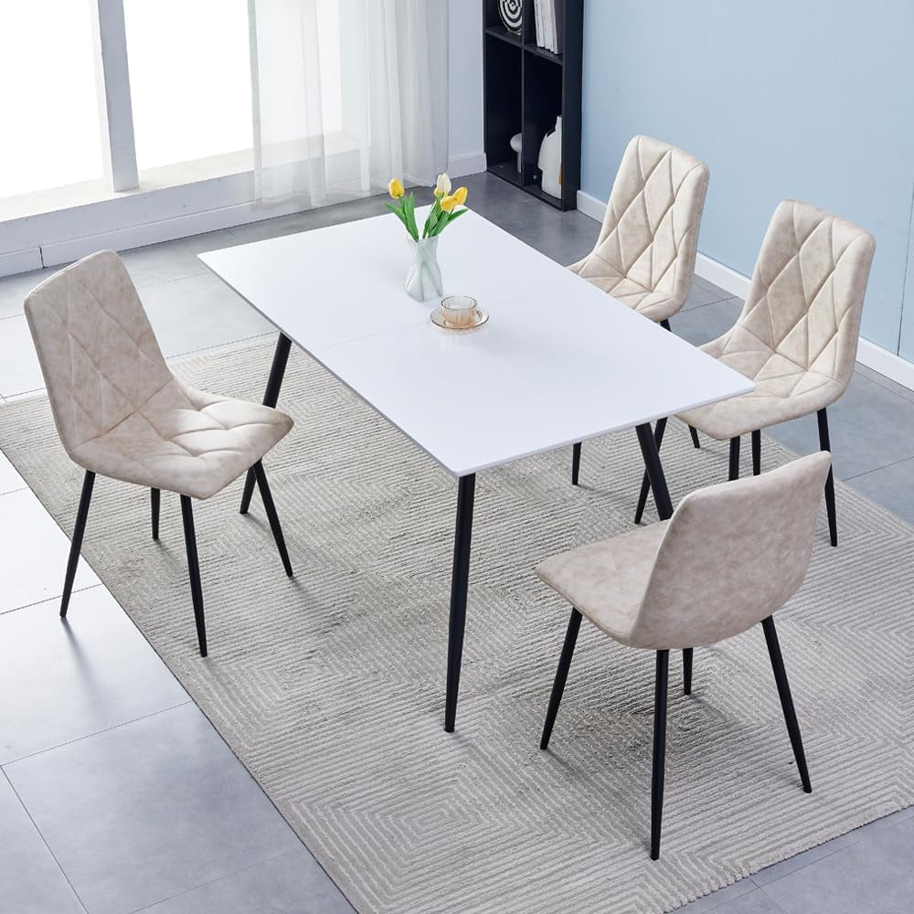 4 Set of Dining Chairs, Metal Frame Dining Chair for Kitchen Room,Technology Cloth Seat Chair for Living Room, Bedroom(Beige)-0