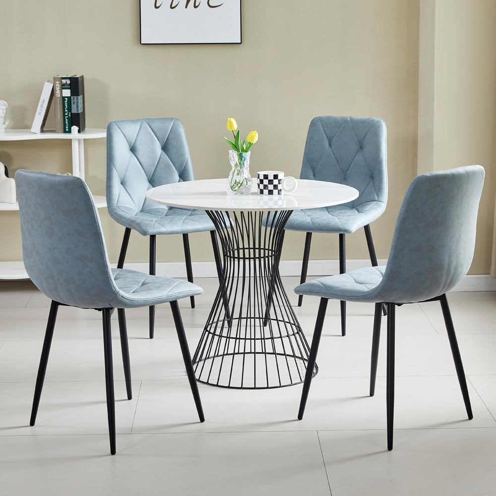4 Set of Dining Chairs, Metal Frame Dining Chair for Kitchen Room,Technology Cloth Seat Chair for Living Room, Bedroom(Light Blue)-0