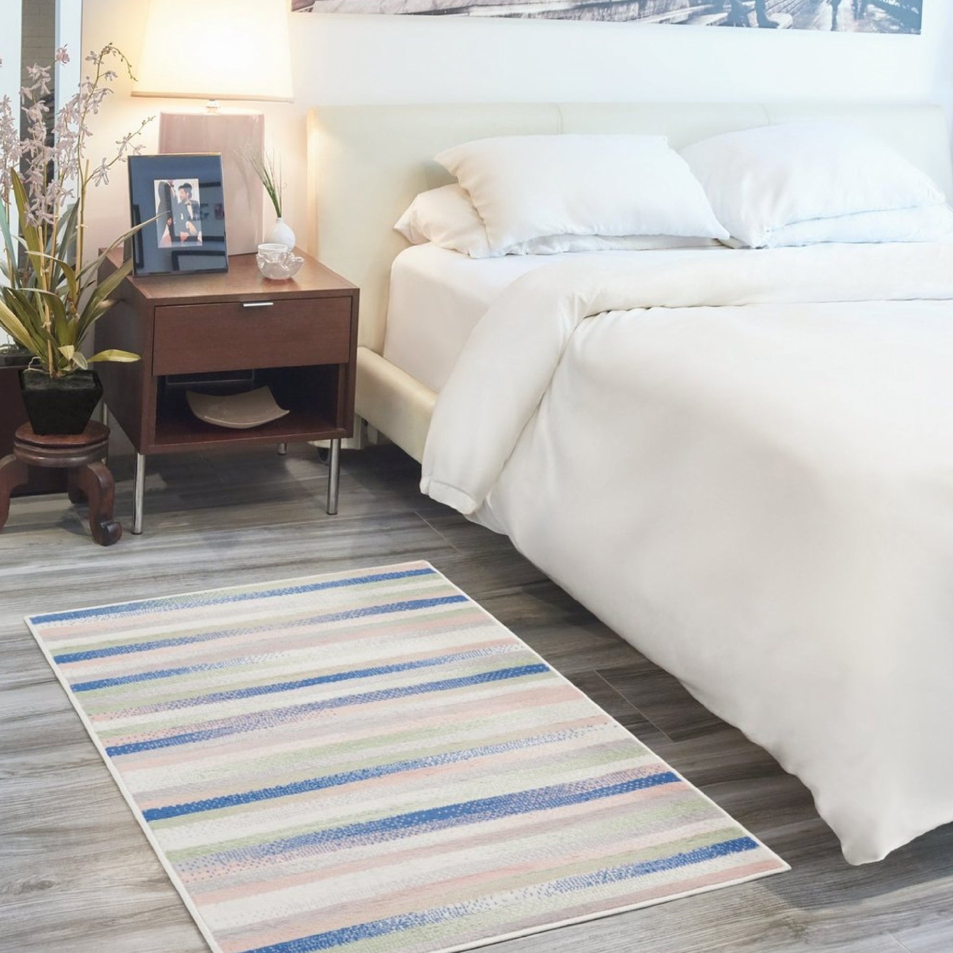 4' X 6' Ivory Blue And Green Striped Distressed Area Rug-5