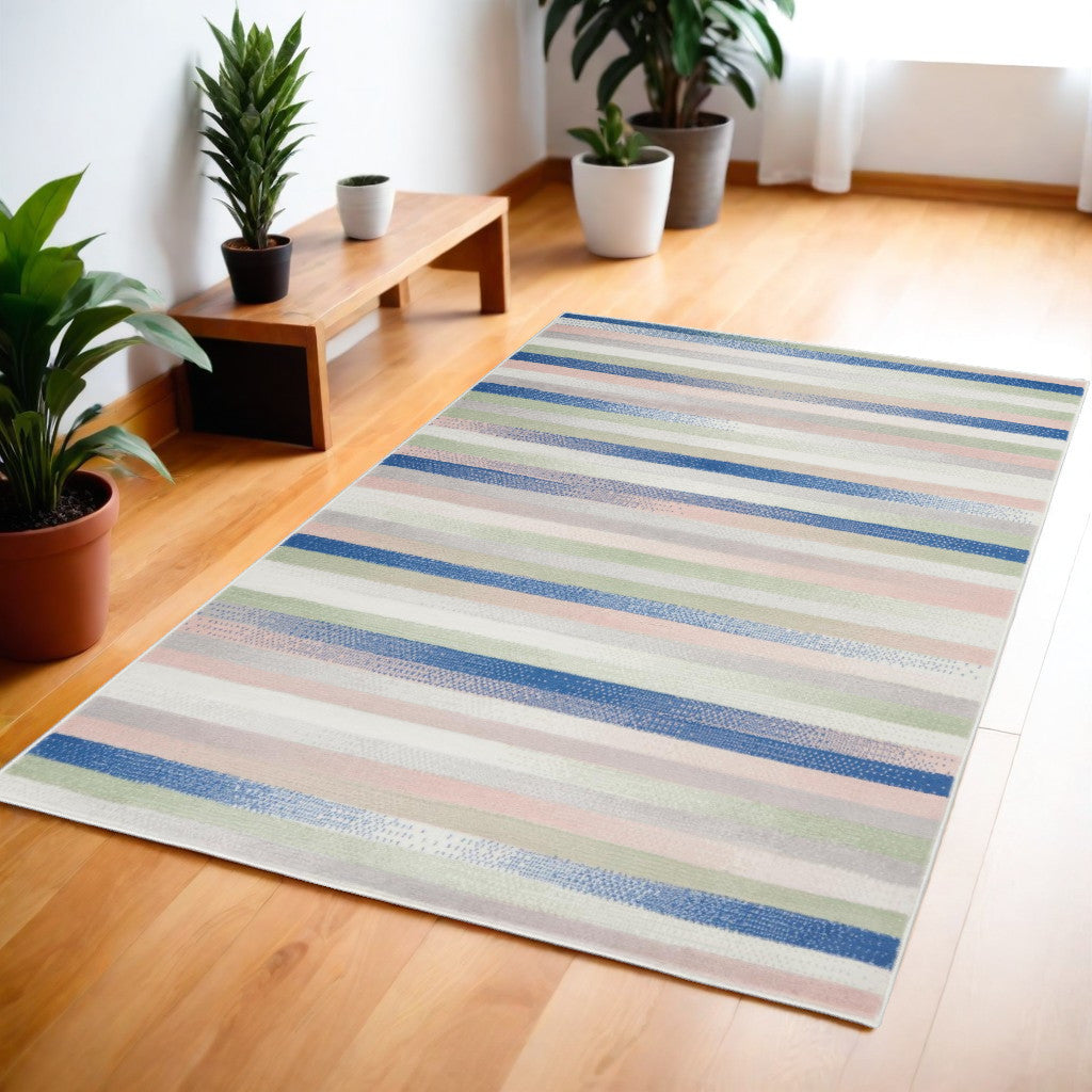 4' X 6' Ivory Blue And Green Striped Distressed Area Rug-0