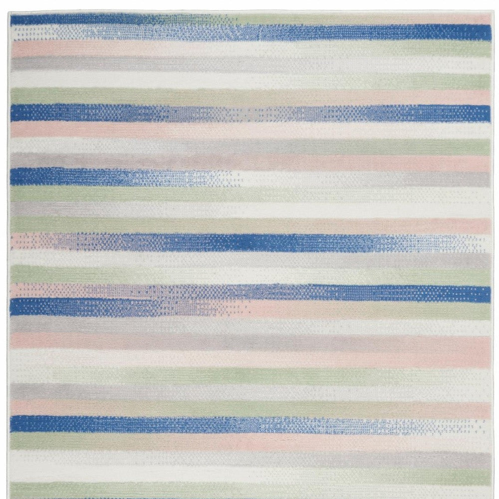 4' X 6' Ivory Blue And Green Striped Distressed Area Rug-3