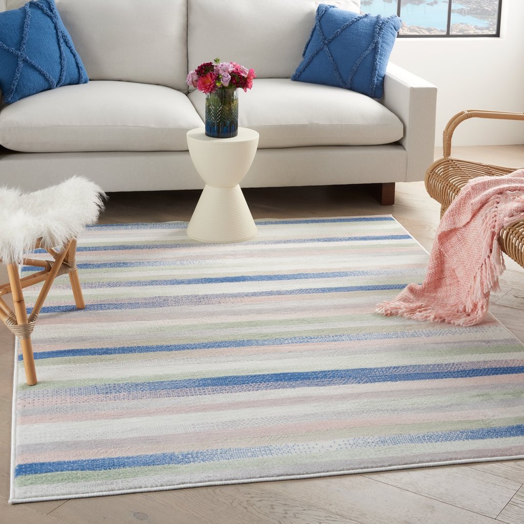 4' X 6' Ivory Blue And Green Striped Distressed Area Rug-6