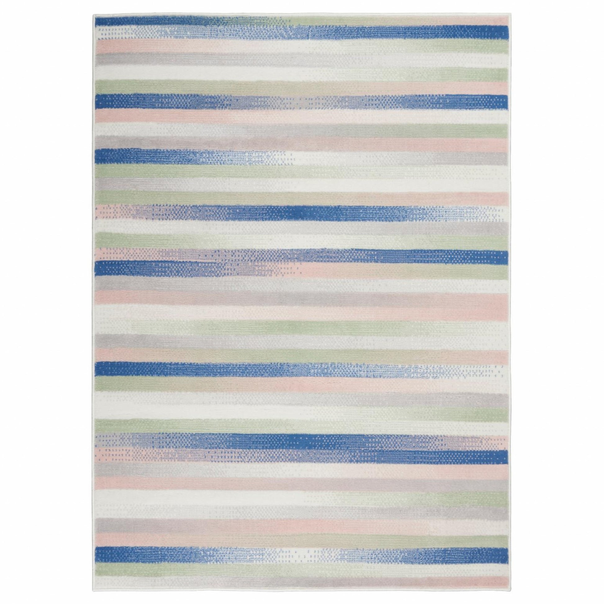 4' X 6' Ivory Blue And Green Striped Distressed Area Rug-1