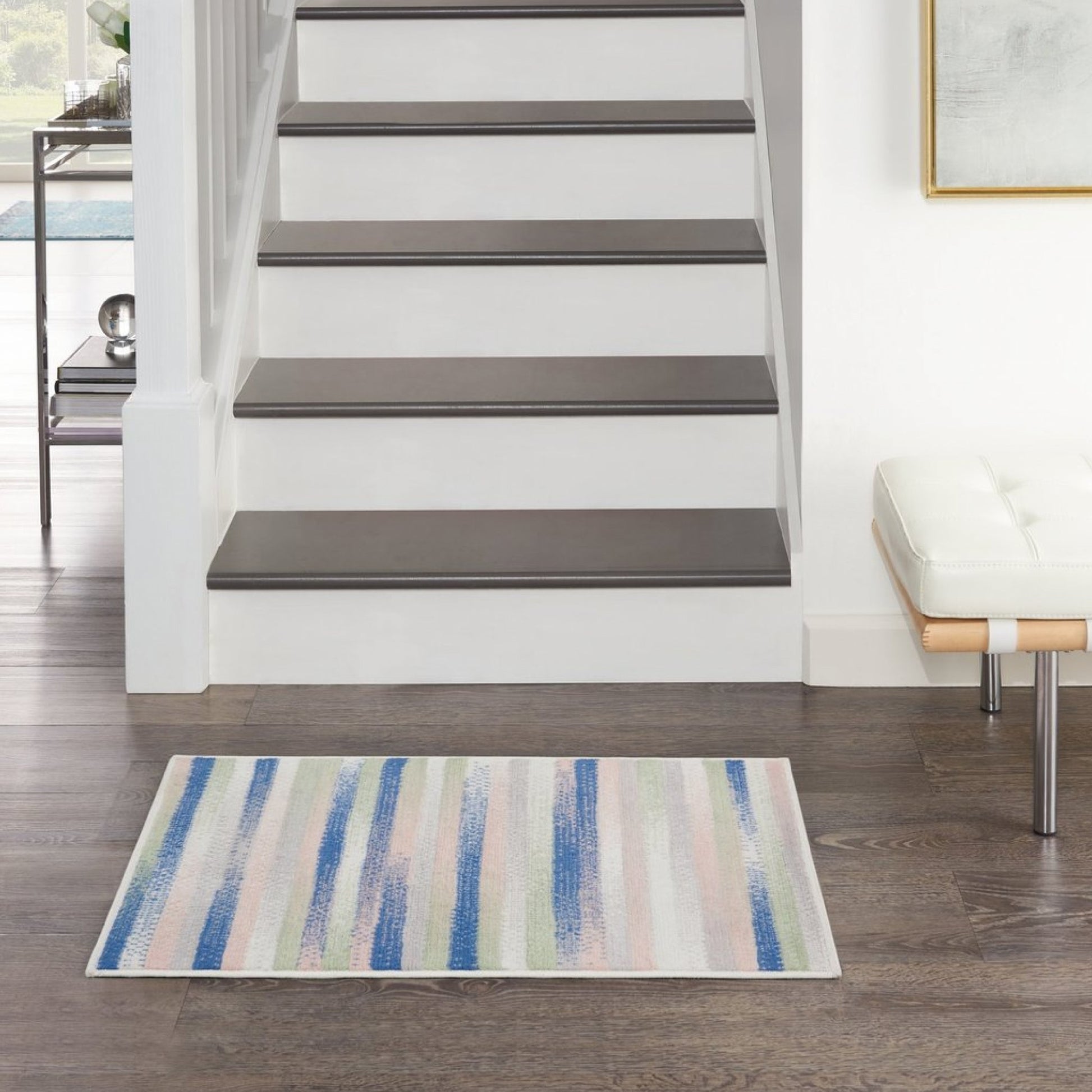 4' X 6' Ivory Blue And Green Striped Distressed Area Rug-4