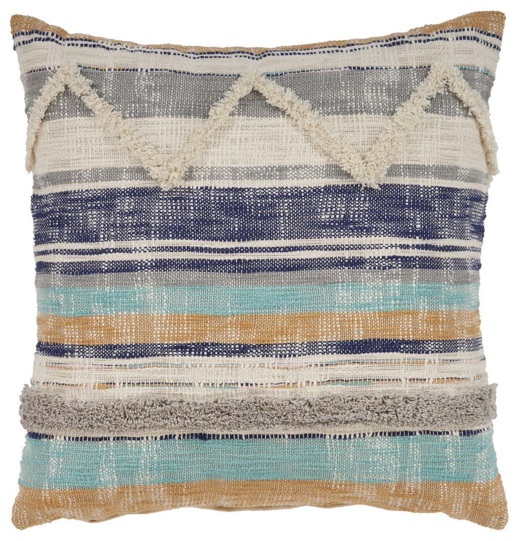 18" Beige Blue and Gray Throw Pillow-0