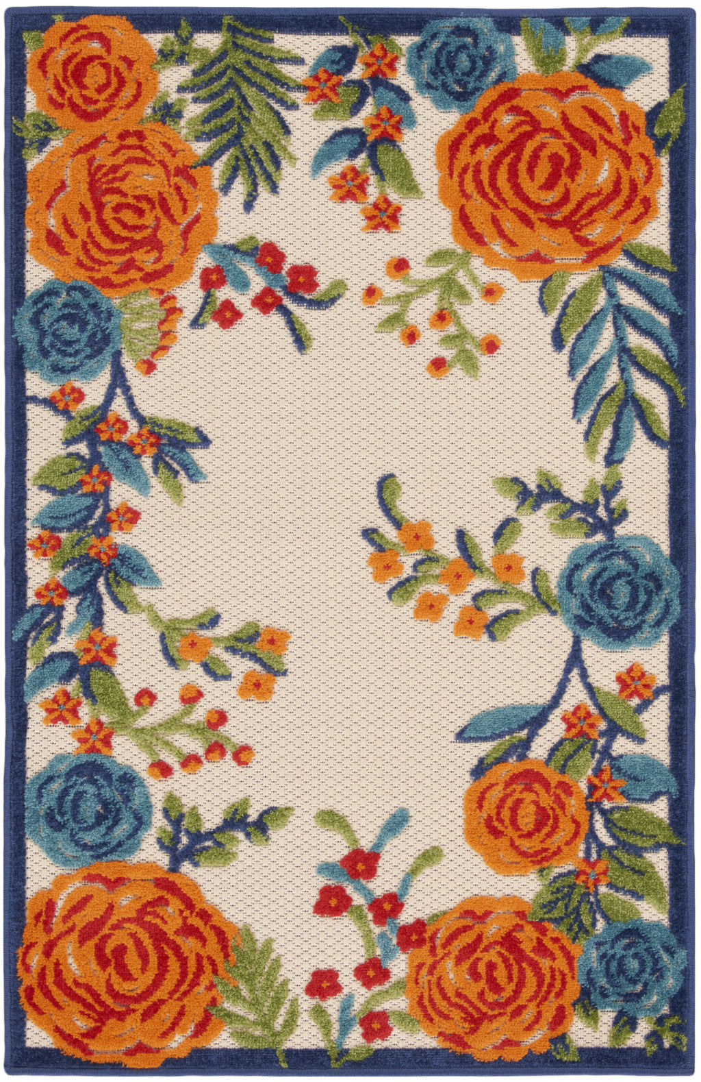 3' X 4' Ivory Orange and Blue Floral Indoor Outdoor Area Rug-1