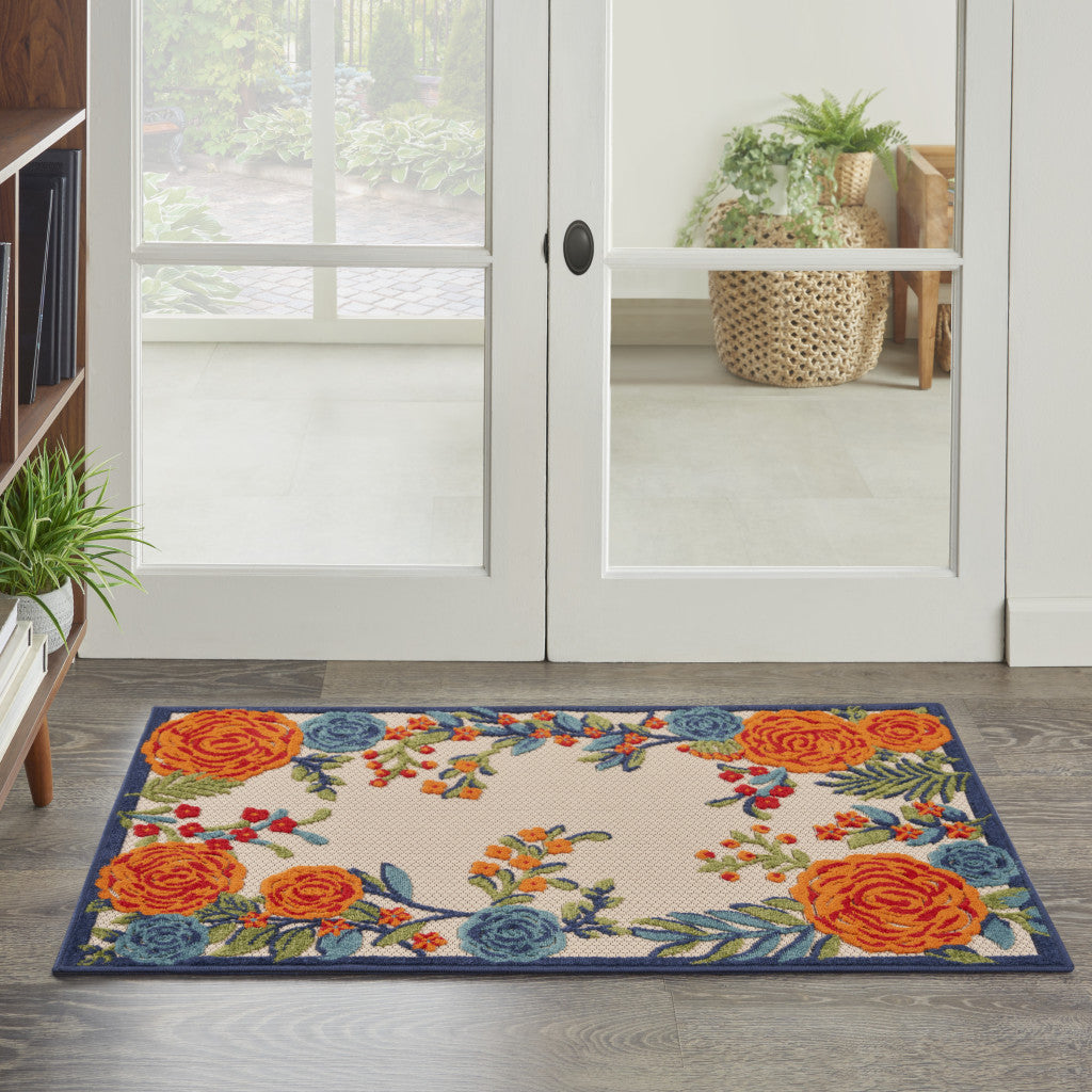 3' X 4' Ivory Orange and Blue Floral Indoor Outdoor Area Rug-7