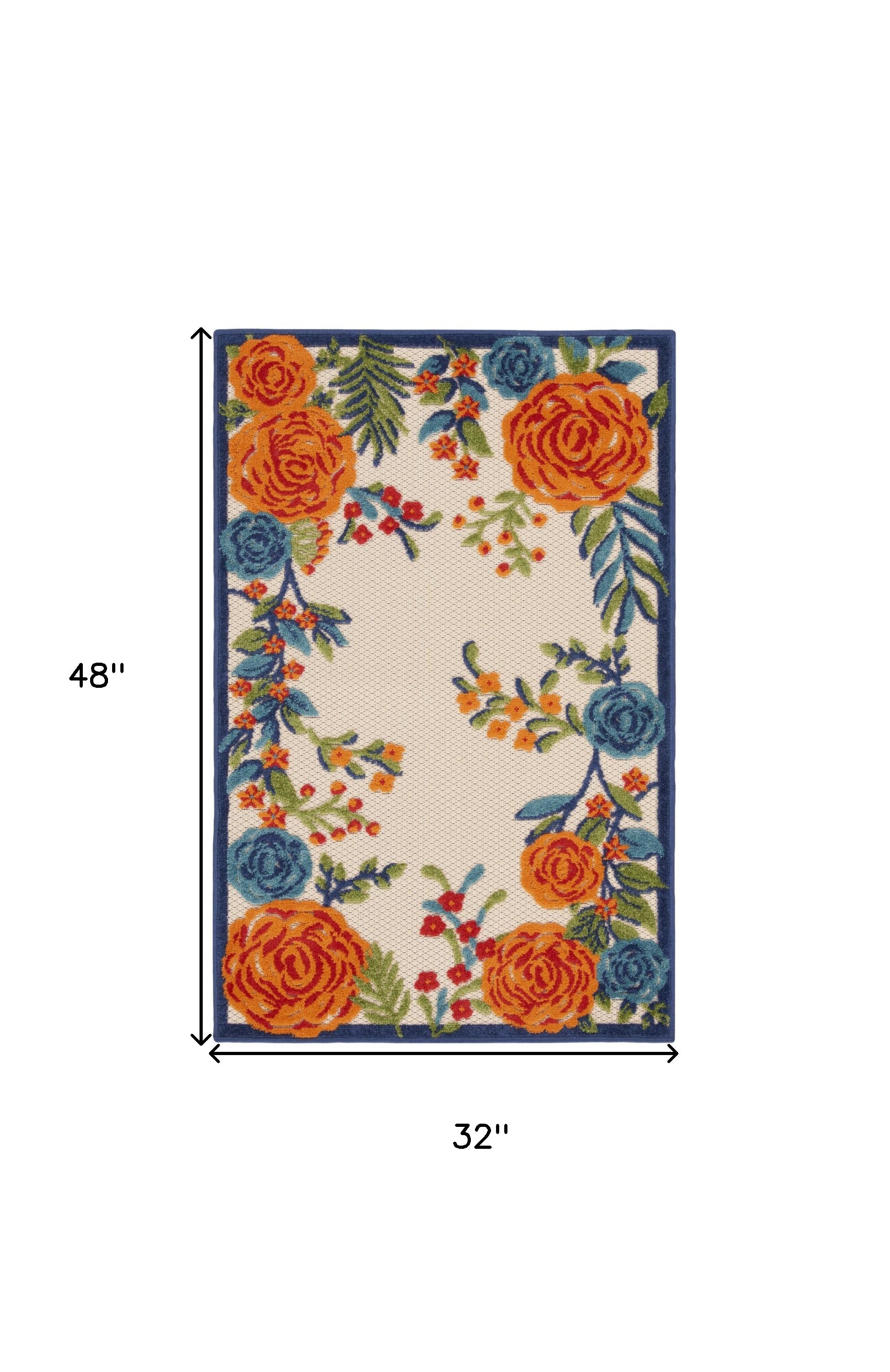3' X 4' Ivory Orange and Blue Floral Indoor Outdoor Area Rug-2