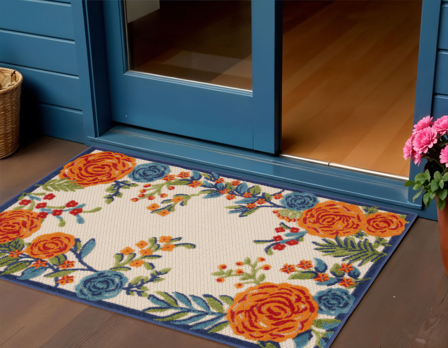 3' X 4' Ivory Orange and Blue Floral Indoor Outdoor Area Rug-0