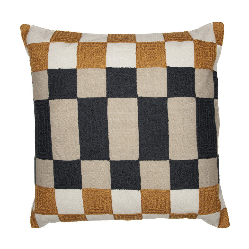 20" Navy Blue Check Throw Pillow With Embroidery-1