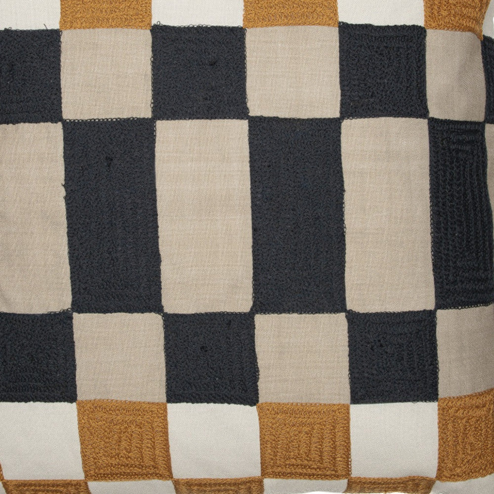 20" Navy Blue Check Throw Pillow With Embroidery-5