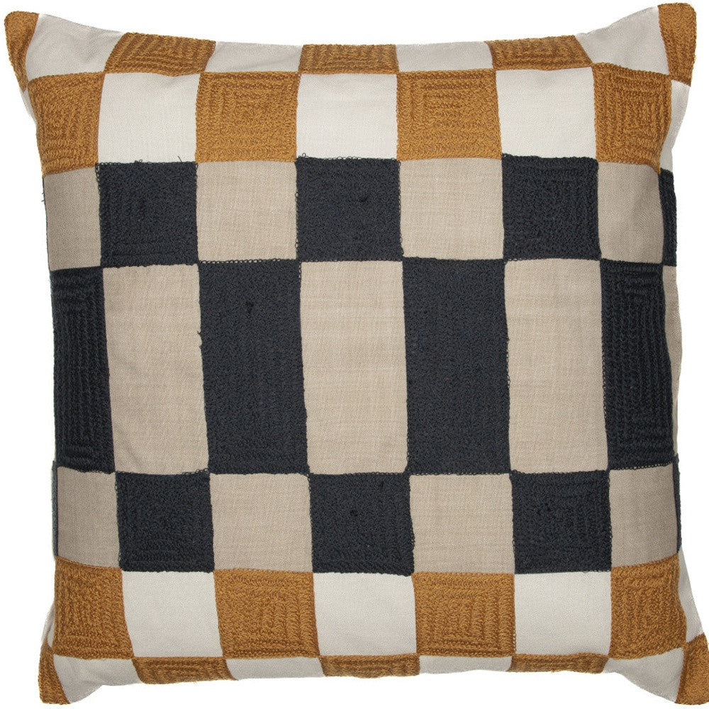 20" Navy Blue Check Throw Pillow With Embroidery-7