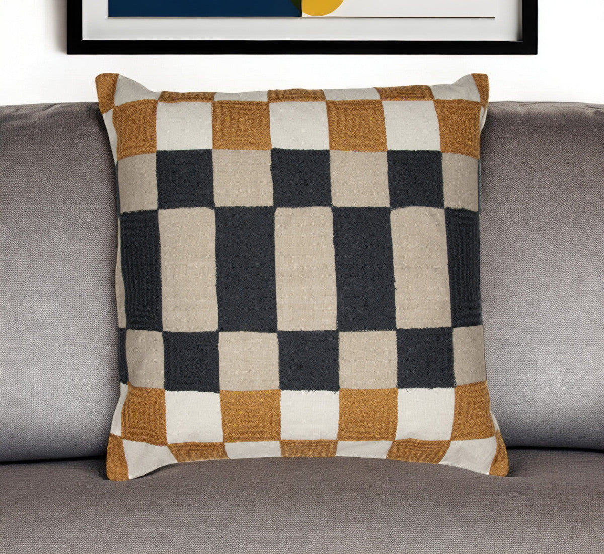 20" Navy Blue Check Throw Pillow With Embroidery-0