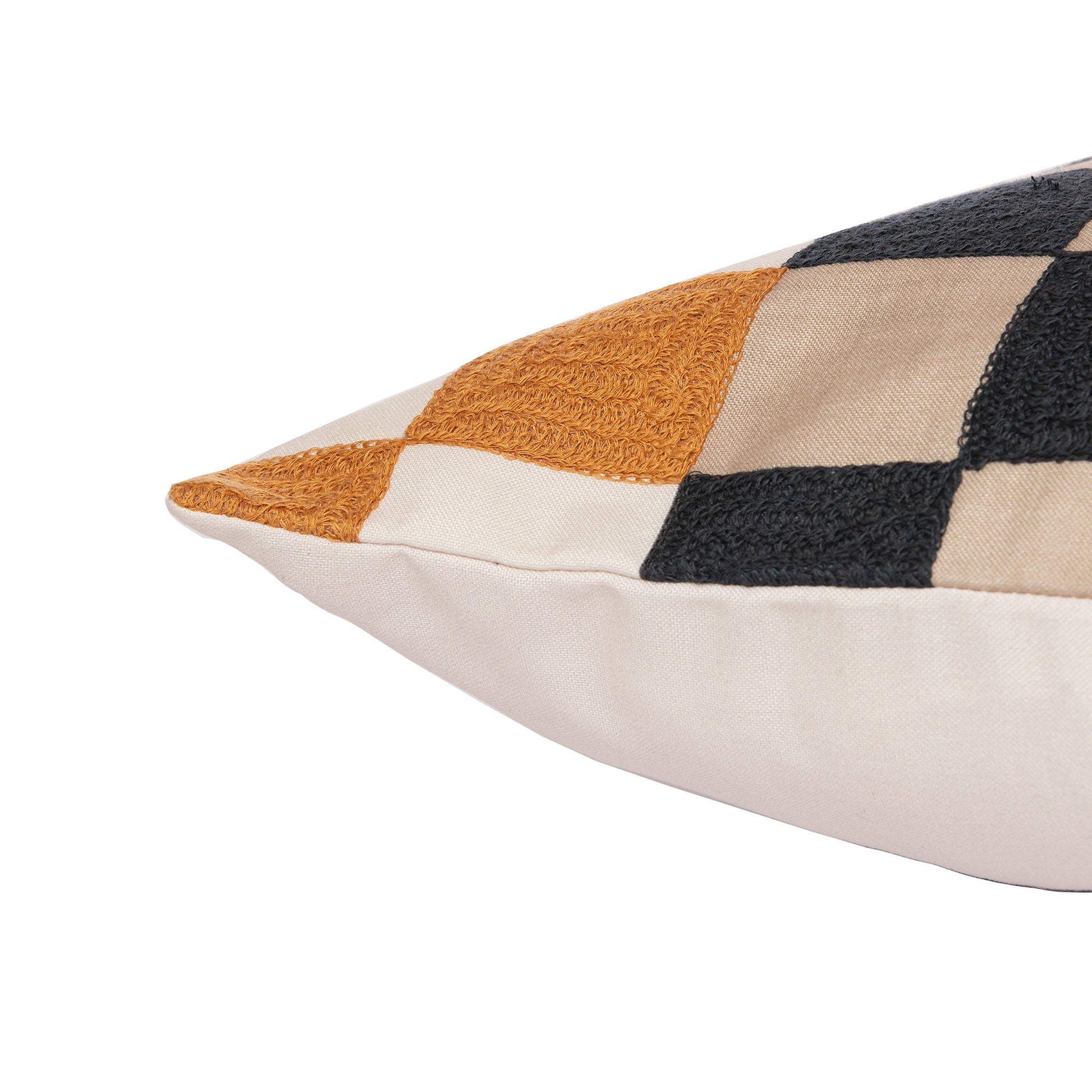 20" Navy Blue Check Throw Pillow With Embroidery-3