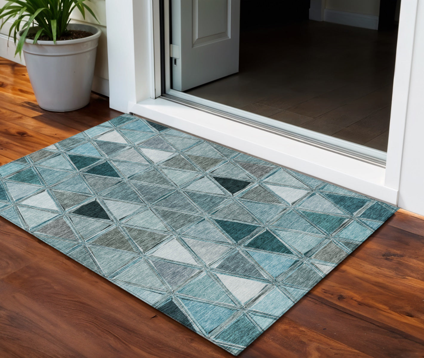 3' X 5' Teal Blue Aqua And Gray Geometric Washable Indoor Outdoor Area Rug-0
