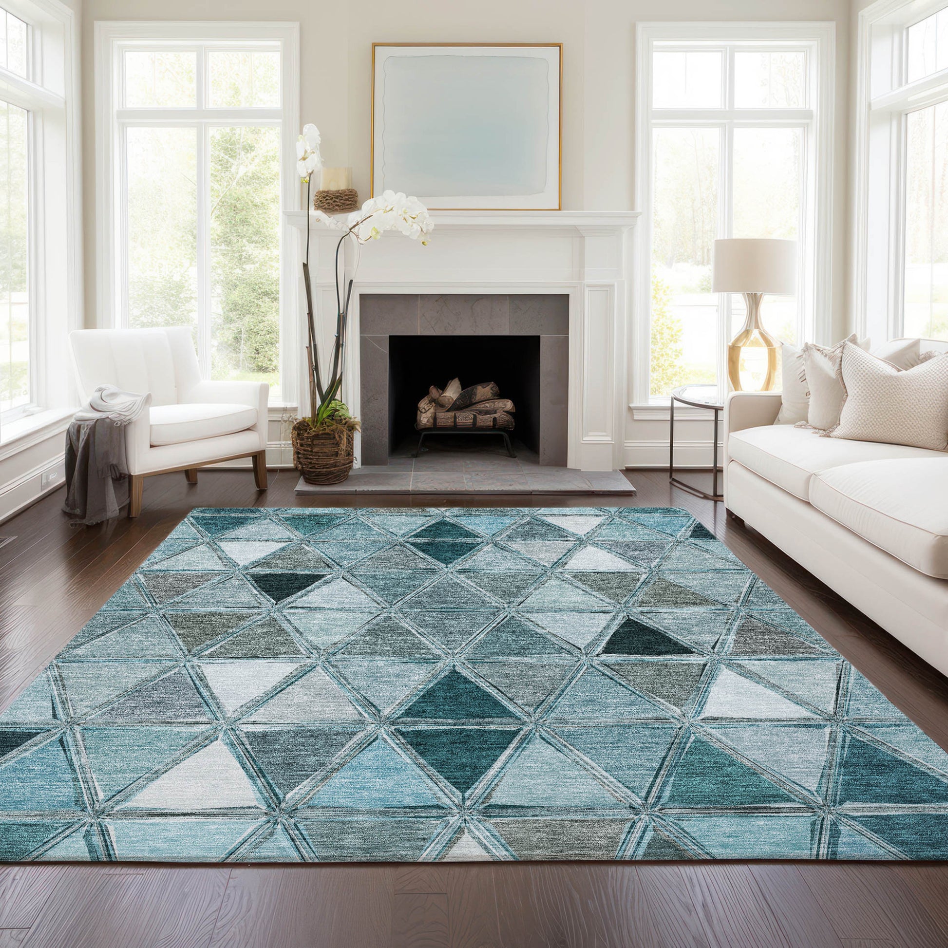 3' X 5' Teal Blue Aqua And Gray Geometric Washable Indoor Outdoor Area Rug-8
