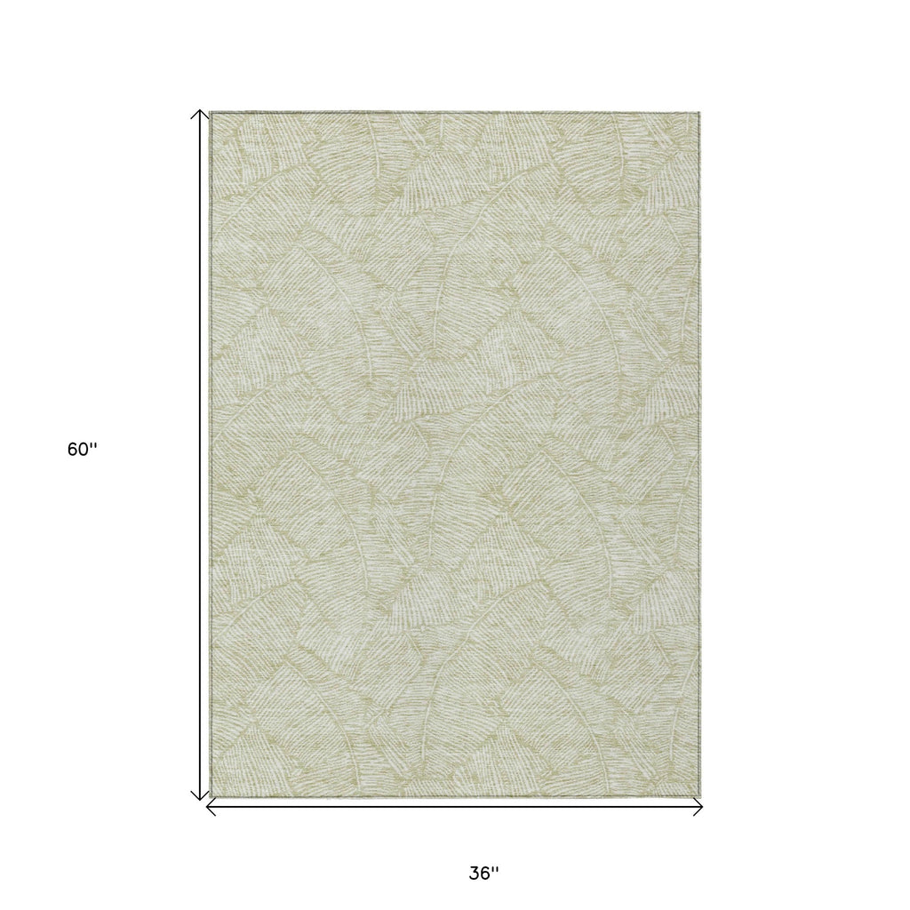3' X 5' Artichoke Green And Ivory Floral Washable Indoor Outdoor Area Rug-2