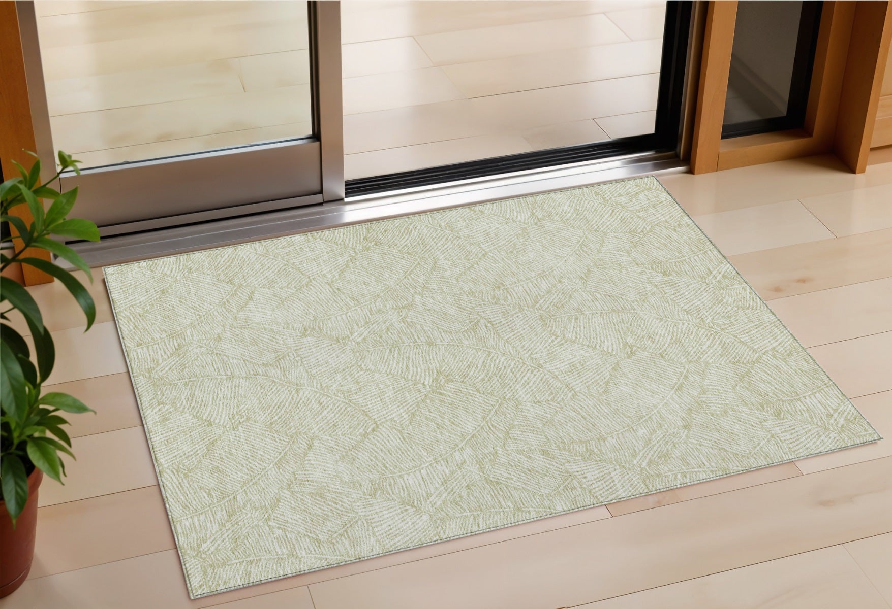 3' X 5' Artichoke Green And Ivory Floral Washable Indoor Outdoor Area Rug-0