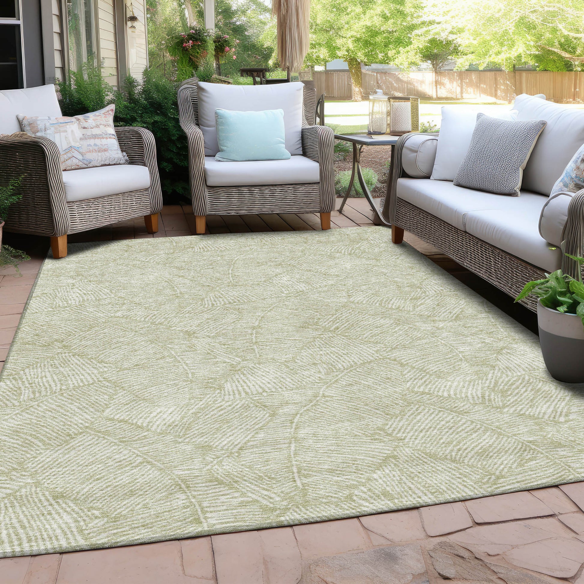 3' X 5' Artichoke Green And Ivory Floral Washable Indoor Outdoor Area Rug-7