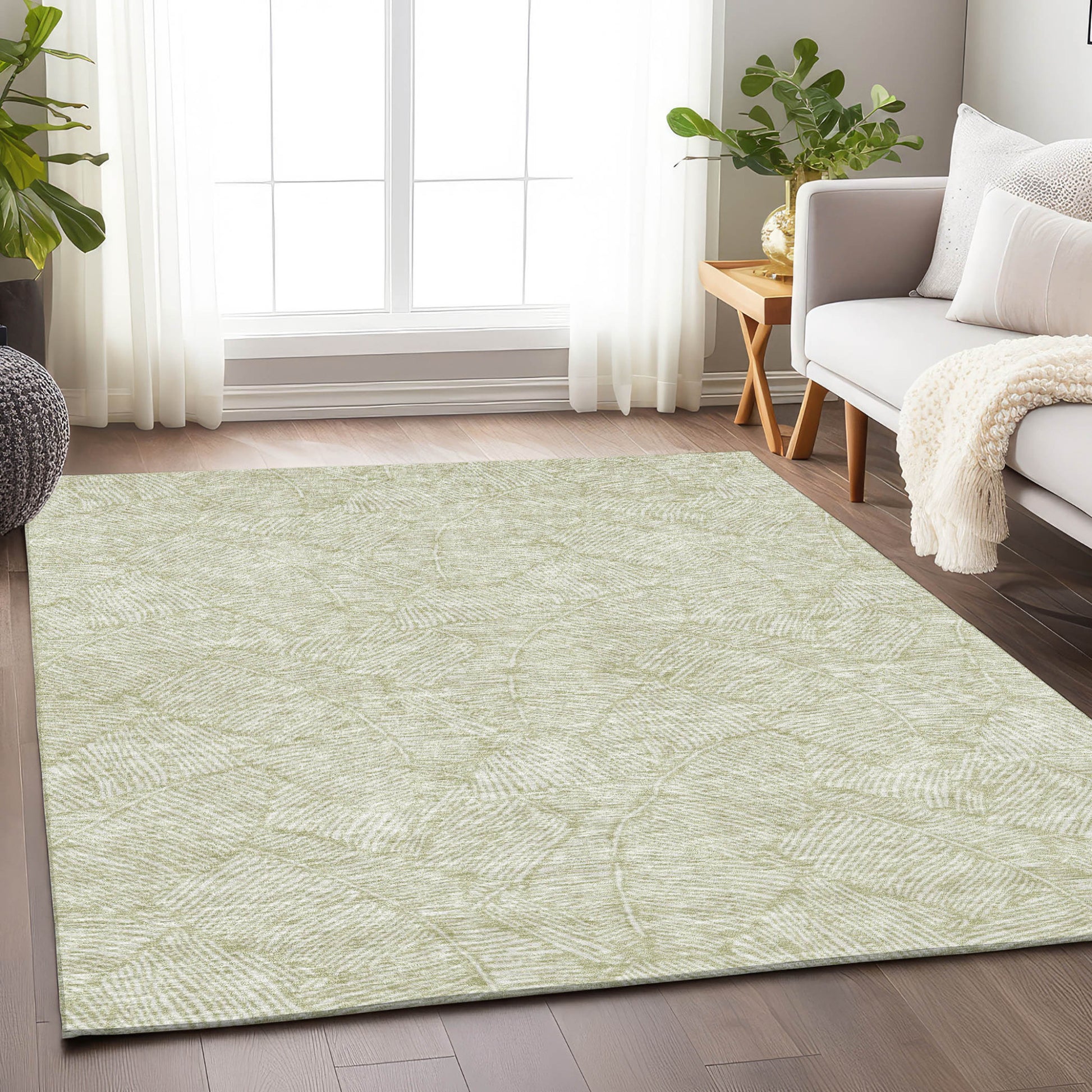 3' X 5' Artichoke Green And Ivory Floral Washable Indoor Outdoor Area Rug-8