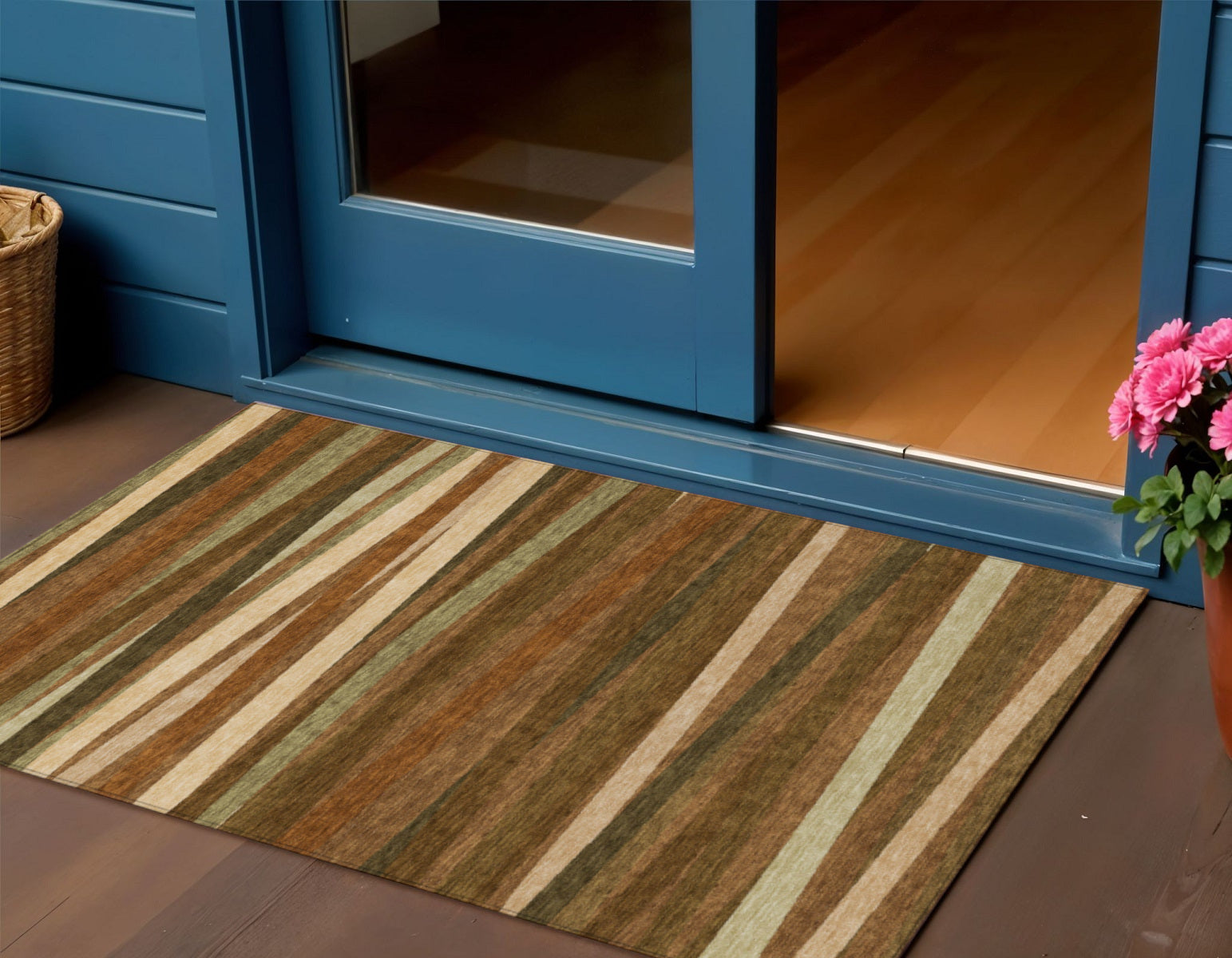 3' X 5' Brown Copper And Beige Striped Washable Indoor Outdoor Area Rug-0
