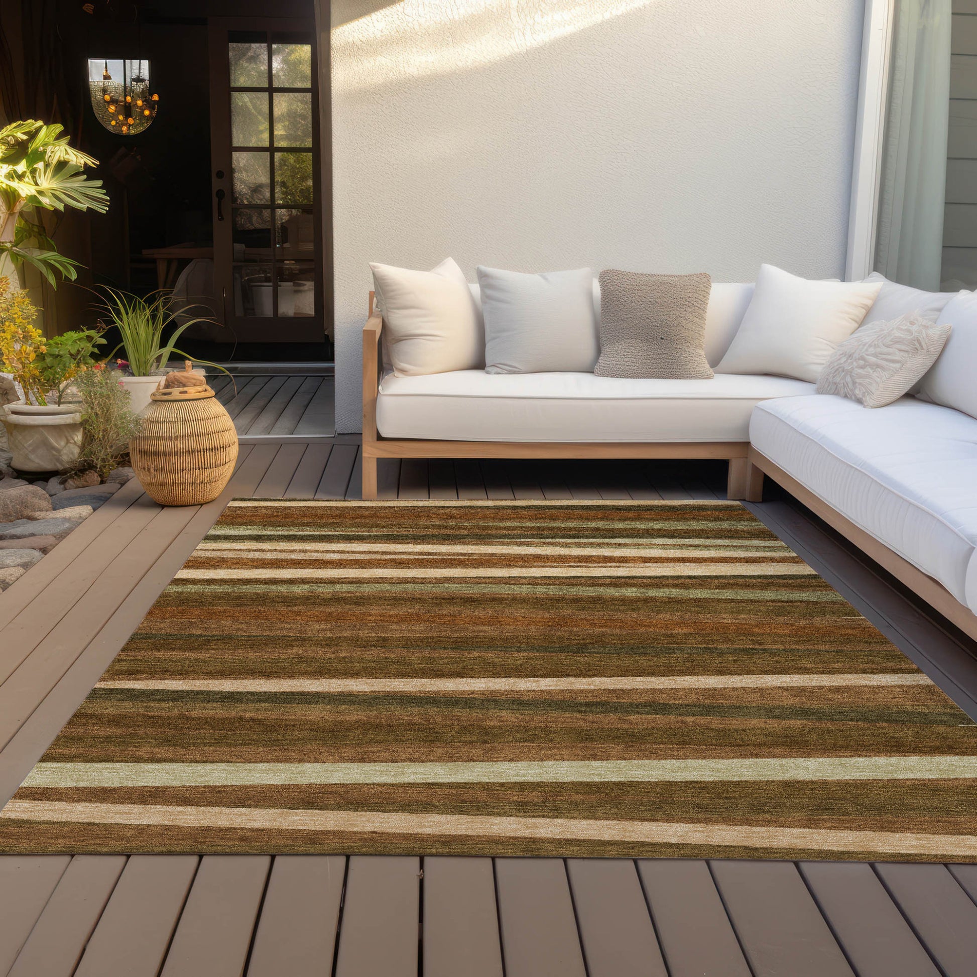 3' X 5' Brown Copper And Beige Striped Washable Indoor Outdoor Area Rug-6