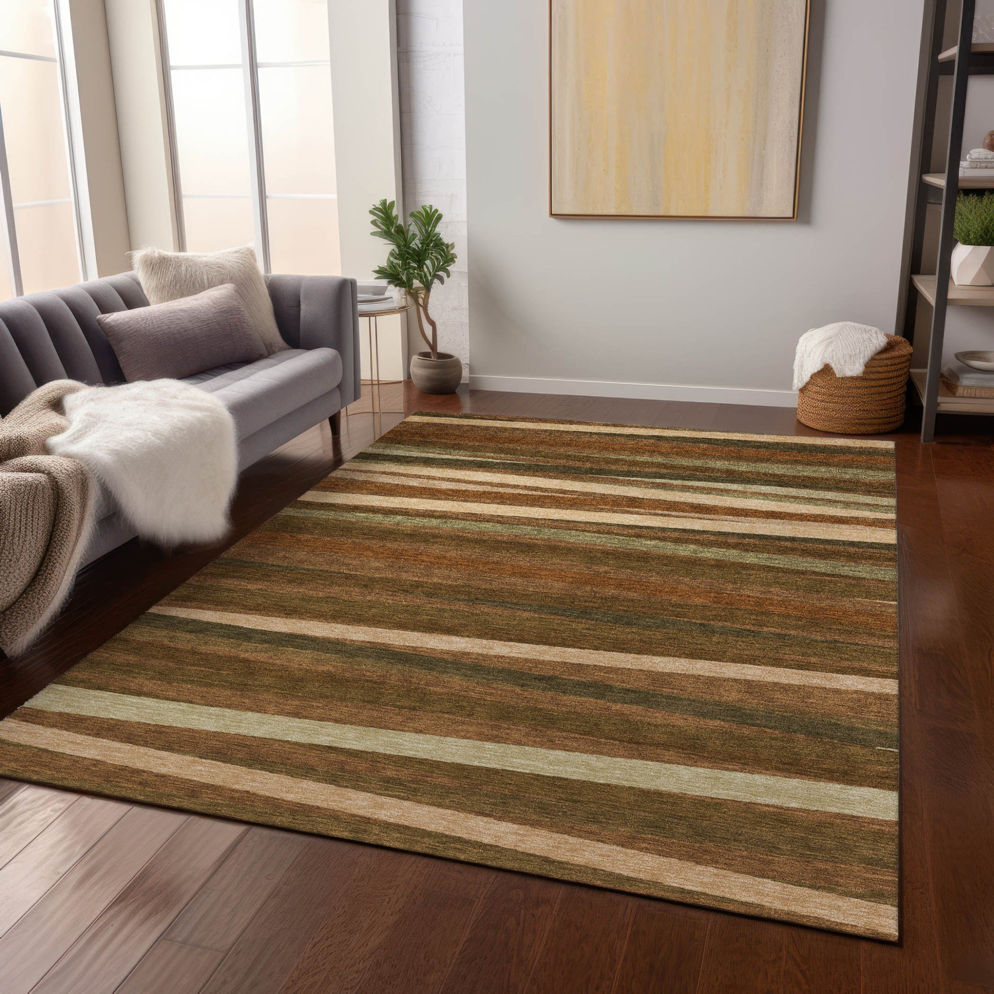 3' X 5' Brown Copper And Beige Striped Washable Indoor Outdoor Area Rug-7