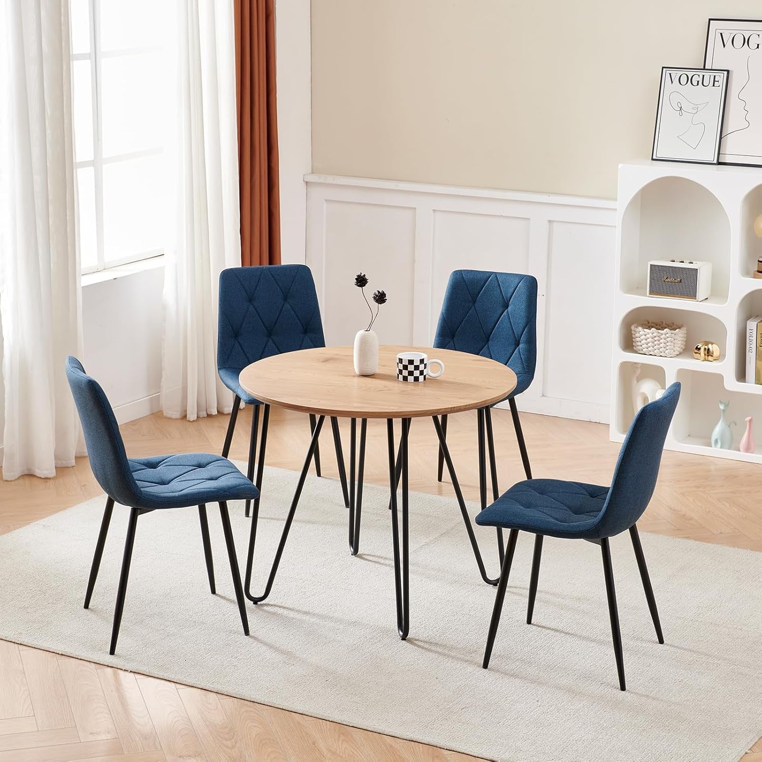 4 Set of Dining Chairs, Metal Frame Dining Chair for Kitchen Room,Technology Cloth Seat Chair for Living Room, Bedroom(Blue)-2